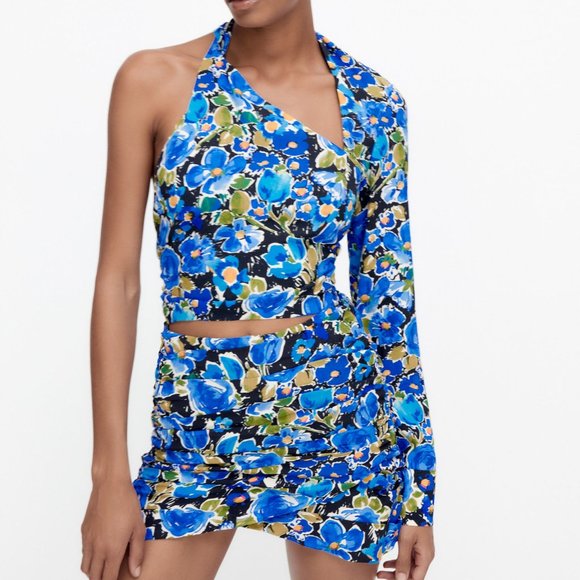 New Zara Floral Print One Sleeve Asymmetrical Cropped Too Size Small - Picture 2 of 16